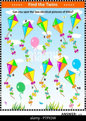 Formazione IQ visual puzzle con aquiloni colorati: trovare le due immagini identiche di aquiloni. Adatto sia per i bambini che per gli adulti. Risposta inclusa. Illustrazione Vettoriale