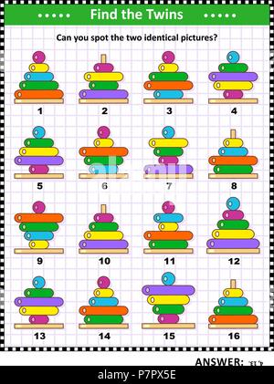 Formazione IQ visual puzzle con aquiloni colorati: trovare le due immagini identiche di anello colorato impilatori. Adatto sia per i bambini che per gli adulti. Answe Illustrazione Vettoriale