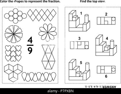 Due visual math puzzle e pagine da colorare. Il colore delle forme per rappresentare la frazione. Trovare la vista dall'alto. In bianco e nero. Risposta inclusa. Illustrazione Vettoriale