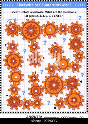 IQ e spaziale di skills training visual puzzle con ingranaggi rotanti in senso orario ed in senso antiorario. Risposta inclusa. Illustrazione Vettoriale