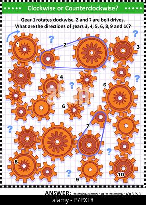 IQ e spaziale di skills training visual puzzle con rotazione degli ingranaggi e attraversato le trasmissioni a cinghia. Risposta inclusa. Illustrazione Vettoriale