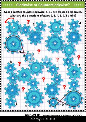 IQ e spaziale di skills training visual puzzle con rotazione degli ingranaggi e attraversato le trasmissioni a cinghia. Risposta inclusa. Illustrazione Vettoriale