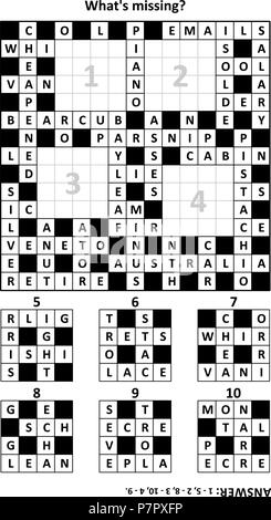 Nuovo modo di giocare con il cruciverba: Trovare i frammenti mancanti. Risposta inclusa. Illustrazione Vettoriale