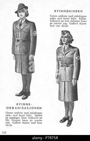 Norsk bokmål: Nasjonal Samling NS Aarbok 1944 s128 (uniformer) NSK Kvinnehirden Norsk bokmål: Uniformer og merker per Nasjonal Samling (NS), Vidkun Quislings nasjonalsosialistiske particol 1933-1945. Beskåret, lavoppløst bilde fra PDF sideoppslag med fra NS årbok 1944 "utgitt av" propagandaledelsen og trykt hos Mariendals boktrykkeri, Gjøvik 1943: http://krigsbilder.net/coppermine/albums/NS-AARBOK1944/NS rbok 1944.pdf (Nasjonal Samling (NS) opphørte ved slutten av andre verdenskrig ho Europa ho mai 1945. Ho 2015 er det oltre 70 år siden utgivelsen, og innholdet antas derfor å falle i det fri ifølge n Foto Stock