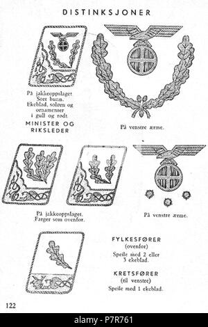 Norsk bokmål: Nasjonal Samling NS Aarbok 1944 s122 Distinksjoner Norsk bokmål: Uniformer og merker per Nasjonal Samling (NS), Vidkun Quislings nasjonalsosialistiske particol 1933-1945. Beskåret, lavoppløst bilde fra PDF sideoppslag med fra NS årbok 1944 "utgitt av" propagandaledelsen og trykt hos Mariendals boktrykkeri, Gjøvik 1943: http://krigsbilder.net/coppermine/albums/NS-AARBOK1944/NS rbok 1944.pdf (Nasjonal Samling (NS) opphørte ved slutten av andre verdenskrig ho Europa ho mai 1945. Ho 2015 er det oltre 70 år siden utgivelsen, og innholdet antas derfor å falle i det fri ifølge norsk lov om opp Foto Stock
