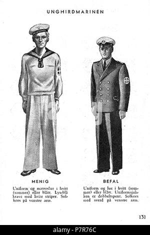 Norsk bokmål: Nasjonal Samling NS Aarbok 1944 s131 (uniformer) Unghirdmarinen Norsk bokmål: Uniformer og merker per Nasjonal Samling (NS), Vidkun Quislings nasjonalsosialistiske particol 1933-1945. Beskåret, lavoppløst bilde fra PDF sideoppslag med fra NS årbok 1944 "utgitt av" propagandaledelsen og trykt hos Mariendals boktrykkeri, Gjøvik 1943: http://krigsbilder.net/coppermine/albums/NS-AARBOK1944/NS rbok 1944.pdf (Nasjonal Samling (NS) opphørte ved slutten av andre verdenskrig ho Europa ho mai 1945. Ho 2015 er det oltre 70 år siden utgivelsen, og innholdet antas derfor å falle i det fri ifølge né Foto Stock