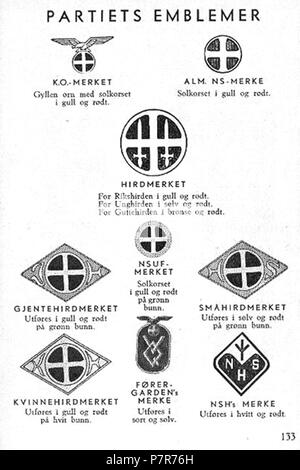 Norsk bokmål: Nasjonal Samling NS Aarbok 1944 s133 (uniformer) Partiets emblemer Norsk bokmål: Uniformer og merker per Nasjonal Samling (NS), Vidkun Quislings nasjonalsosialistiske particol 1933-1945. Beskåret, lavoppløst bilde fra PDF sideoppslag med fra NS årbok 1944 "utgitt av" propagandaledelsen og trykt hos Mariendals boktrykkeri, Gjøvik 1943: http://krigsbilder.net/coppermine/albums/NS-AARBOK1944/NS rbok 1944.pdf (Nasjonal Samling (NS) opphørte ved slutten av andre verdenskrig ho Europa ho mai 1945. Ho 2015 er det oltre 70 år siden utgivelsen, og innholdet antas derfor å falle i det fri ifølge Foto Stock