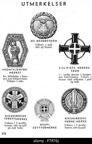 Norsk bokmål: Nasjonal Samling NS Aarbok 1944 s134 uniformer Utmerkelser Norsk bokmål: Uniformer og merker per nasjonal Samling (NS), Vidkun Quislings nasjonalsosialistiske particol 1933-1945. Beskåret, lavoppløst bilde fra PDF sideoppslag med fra NS årbok 1944 "utgitt av" propagandaledelsen og trykt hos Mariendals boktrykkeri, Gjøvik 1943: http://krigsbilder.net/coppermine/albums/NS-AARBOK1944/NS rbok 1944.pdf (Nasjonal Samling (NS) opphørte ved slutten av andre verdenskrig ho Europa ho mai 1945. Ho 2015 er det oltre 70 år siden utgivelsen, og innholdet antas derfor å falle i det fri ifølge norsk lo Foto Stock