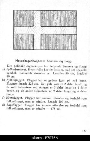 Norsk bokmål: Nasjonal Samling NS Aarbok 1944 s137 Bannere flagg og Norsk bokmål: Uniformer og merker per Nasjonal Samling (NS), Vidkun Quislings nasjonalsosialistiske particol 1933-1945. Beskåret, lavoppløst bilde fra PDF sideoppslag med fra NS årbok 1944 "utgitt av" propagandaledelsen og trykt hos Mariendals boktrykkeri, Gjøvik 1943: http://krigsbilder.net/coppermine/albums/NS-AARBOK1944/NS rbok 1944.pdf (Nasjonal Samling (NS) opphørte ved slutten av andre verdenskrig ho Europa ho mai 1945. Ho 2015 er det oltre 70 år siden utgivelsen, og innholdet antas derfor å falle i det fri ifølge norsk lov om Foto Stock