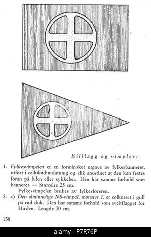 Norsk bokmål: Nasjonal Samling NS Aarbok 1944 s138 bilflagg og vimpler Norsk bokmål: Uniformer og merker per nasjonal Samling (NS), Vidkun Quislings nasjonalsosialistiske particol 1933-1945. Beskåret, lavoppløst bilde fra PDF sideoppslag med fra NS årbok 1944 "utgitt av" propagandaledelsen og trykt hos Mariendals boktrykkeri, Gjøvik 1943: http://krigsbilder.net/coppermine/albums/NS-AARBOK1944/NS rbok 1944.pdf (Nasjonal Samling (NS) opphørte ved slutten av andre verdenskrig ho Europa ho mai 1945. Ho 2015 er det oltre 70 år siden utgivelsen, og innholdet antas derfor å falle i det fri ifølge norsk lov Foto Stock