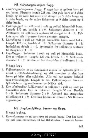 Norsk bokmål: Nasjonal Samling NS Aarbok 1944 s143 (NSK NSUF flagg) Norsk bokmål: Uniformer og merker per Nasjonal Samling (NS), Vidkun Quislings nasjonalsosialistiske particol 1933-1945. Beskåret, lavoppløst bilde fra PDF sideoppslag med fra NS årbok 1944 "utgitt av" propagandaledelsen og trykt hos Mariendals boktrykkeri, Gjøvik 1943: http://krigsbilder.net/coppermine/albums/NS-AARBOK1944/NS rbok 1944.pdf (Nasjonal Samling (NS) opphørte ved slutten av andre verdenskrig ho Europa ho mai 1945. Ho 2015 er det oltre 70 år siden utgivelsen, og innholdet antas derfor å falle i det fri ifølge norsk lov om Foto Stock