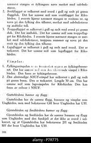 Norsk bokmål: Nasjonal Samling NS Aarbok 1944 s144 (guttehirden gjentehirden) Norsk bokmål: Uniformer og merker per Nasjonal Samling (NS), Vidkun Quislings nasjonalsosialistiske particol 1933-1945. Beskåret, lavoppløst bilde fra PDF sideoppslag med fra NS årbok 1944 "utgitt av" propagandaledelsen og trykt hos Mariendals boktrykkeri, Gjøvik 1943: http://krigsbilder.net/coppermine/albums/NS-AARBOK1944/NS rbok 1944.pdf (Nasjonal Samling (NS) opphørte ved slutten av andre verdenskrig ho Europa ho mai 1945. Ho 2015 er det oltre 70 år siden utgivelsen, og innholdet antas derfor å falle i det fri ifølge né Foto Stock