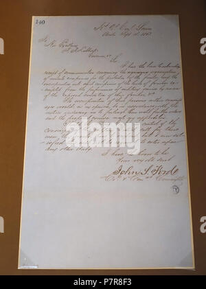 Inglese: mostra a Lorenzo de Zavala Archivi di Stato e la creazione di librerie - Austin, Texas, Stati Uniti d'America. 17 Novembre 2015 16:07:02 244 lettera da Col. Giovanni il salmone 'rip' Ford di Gov. Francesco R. Lubbock, Settembre 18, 1863 - Lorenzo de Zavala Archivi di Stato e la creazione di librerie - Austin, Texas - DSC08369 Foto Stock