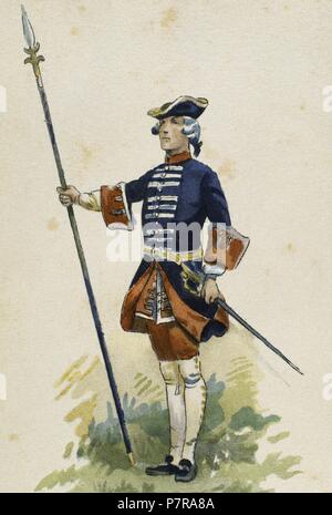 La Francia. Uniformi militari. Il XVIII secolo. Guardia francese del re Luigi XV. Incisione. Colore. Foto Stock