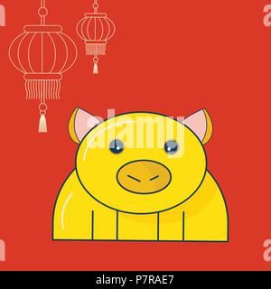 Maiale giallo Anno nuovo Illustrazione Vettoriale: cute giallo lineare di maiale o maialino e asiatica di Nuovo Anno lanterne. Illustrazione Vettoriale