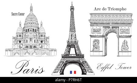 Vettore Torre Eiffel, Arco Trionfale e Cattedrale Sacre Coeur. Vettore di disegno a mano immagine isolata su sfondo bianco Illustrazione Vettoriale