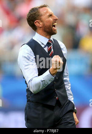 Inghilterra manager Gareth Southgate celebra dopo la Coppa del Mondo FIFA, quarti di finale corrispondono a Samara Stadium. Foto Stock