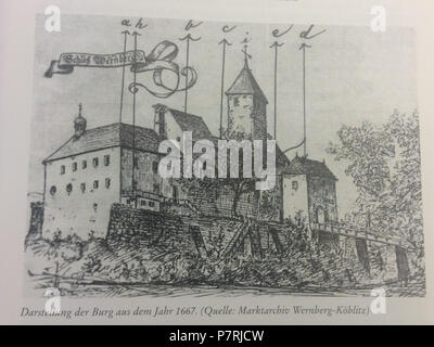 102 Darstellung Burg Wernberg aus dem Jahr 1667 Quelle Marktarchiv Wernberg-Köblitz Foto Stock