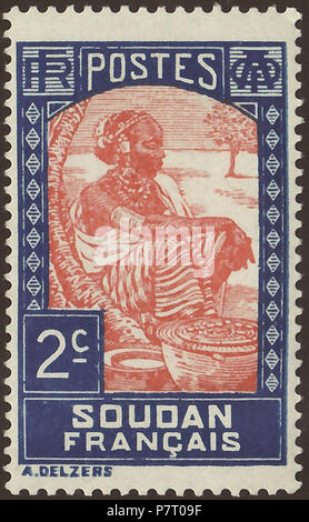 Timbro del Sudan francese (contemporaneo Repubblica del Mali per la maggior parte) come parte della federazione francese di West Africa ('Afrique Occidentale française " = A.O.F.); 1931; timbro definitiva del problema "udanese Donna"; il disegno di una seduta donna sudanese in modo nativo all'interno di un Occidente savana africana paesaggio; timbro di menta con gomma liscia timbro: Michel: No. 61; Yvert et Tellier: No. 61 Colore: blu / rosso arancio filigrana: nessuno valore nominale: 2 C (centesimi) affrancatura validità dal 9 marzo 1931 fino al Firma e timbro dimensioni immagine (area stampata senza al di sotto della riga della firma): 22,0 x 35,0 mm . 9 Marzo 1931 Foto Stock