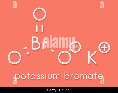 Il bromato di potassio (KBrO3, E924). Utilizzato come additivo per farina per la cottura del pane. Formula di scheletro. Foto Stock