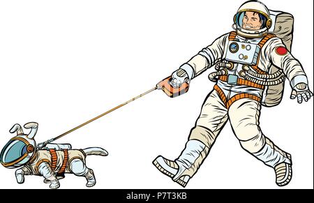 Gli astronauti uomo e cane isolato su sfondo bianco. La Pop art retrò illustrazione vettoriale kitsch disegno vintage Illustrazione Vettoriale