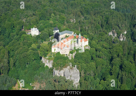 VISTA AEREA. Castello in una zona boscosa con alcuni affioramenti sparsi di arenaria. Castello di Hrubá Skála, Paradiso Boemo, Repubblica Ceca. Foto Stock