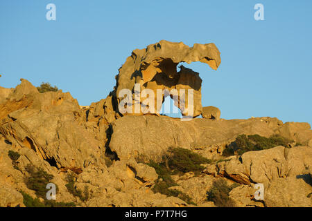 Formazioni rocciose granitiche di forma strana di Capo d'Orso. Gallura, Provincia di Sassari, Sardegna, Italia. Foto Stock