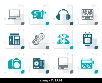 Elettronica stilizzata, media e attrezzature tecniche icone - vettore icona impostare Illustrazione Vettoriale