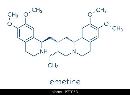 Emetina molecola. Ha emetici (induce il vomito) e anti-protozoari proprietà. Formula di scheletro. Illustrazione Vettoriale
