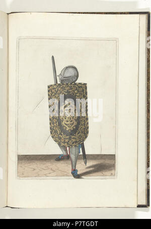 Inglese: illustrazioni per libri di 'Nassausche wapen-handelinge, van schilt, spy rappier, ende target sul'. tra il 1611 e il 1618 1 009 spadaccino (colore) illustrazioni per libri di Nassausche wapen-handelinge, van schilt, spy rappier, ende target sul Foto Stock