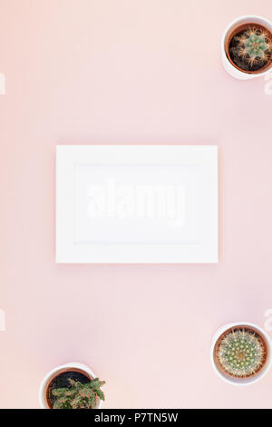 Piatti creativi sovraccarico laici vista superiore piccoli vasi decorativi con cactus piante con copia spazio sulla millenaria carta rosa mock up in stile minimalista. F Foto Stock