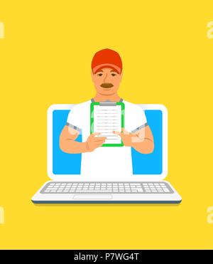 Sport trainer on-line concept. Vettore illustrazione piana. Uomo maturo istruttore di palestra detiene una clipboard con programma di formazione. La perdita di peso piano fitness us Illustrazione Vettoriale