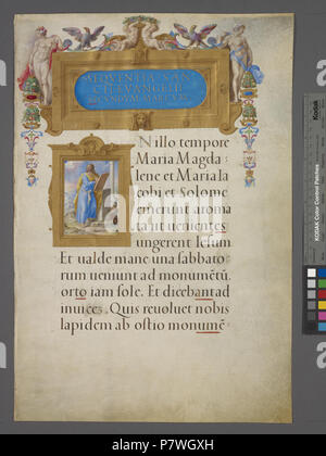 . Apertura del vangelo di Marco, con titolo e miniaturizzato di Mark per elaborare le frontiere, con figure umane. Elencati in de Ricci, Seymour, il censimento di medievale e rinascimentale, manoscritti negli Stati Uniti e in Canada. New York. N.Y.: H.W. Wilson, 1935; e il supplemento, New York, N.Y.: Società Bibliografica dell'America, 1962. Proprietà : eseguito per il cardinale Alessandro Farnese che lo ha presentato al Papa Paolo III (1534-49); acquistato ca. 1800 da Charles Towneley; Towneley Vendita (1883) di Quaritch; venduto 1889 a Robert Lenox Kennedy. 1 linea e 4-linea oro, il rosso e il blu iniziali, alcuni con decorazione su Foto Stock