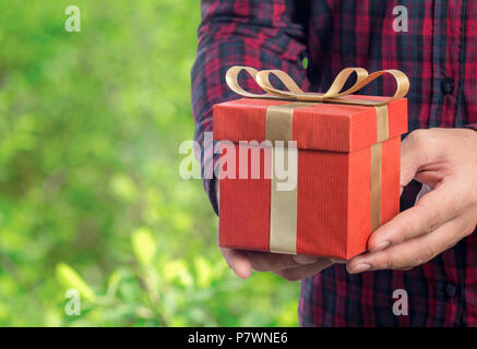 Mani maschili in possesso di una confezione regalo rossa con un nastro color oro su uno sfondo di colore verde bokeh foglie. Spazio di copia Foto Stock