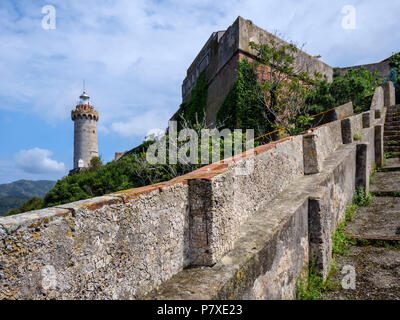 Forte Stella, faro, giardino di Villa dei Mulini, Portoferraio, Isola d'Elba, Regione Toscana, Provincia di Livorno, Italia, Europa Foto Stock