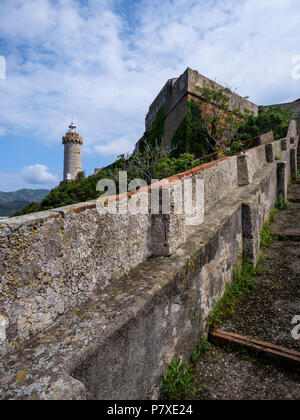 Forte Stella, faro, giardino di Villa dei Mulini, Portoferraio, Isola d'Elba, Regione Toscana, Provincia di Livorno, Italia, Europa Foto Stock