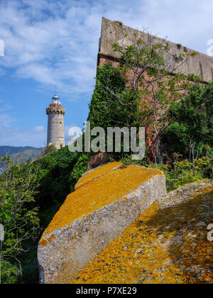 Forte Stella, faro, giardino di Villa dei Mulini, Portoferraio, Isola d'Elba, Regione Toscana, Provincia di Livorno, Italia, Europa Foto Stock