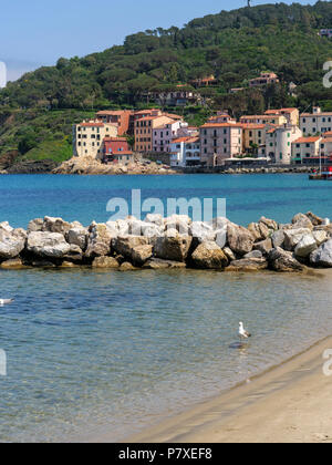 Spiaggia dei Pescatori e il quartiere Cotone, porto, Marciana Marina, Isola d'Elba, Regione Toscana, Provincia di Livorno, Italia, Europa Foto Stock