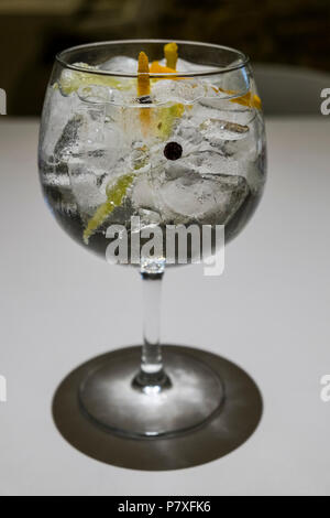 Il gin tonic in una ciotola di vetro con bacche di ginepro, limone e la buccia del lime. Foto Stock