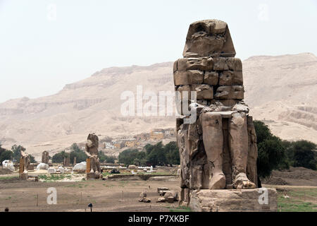 Uno dei due Colossi di Memnon, enormi statue di pietra del faraone Amenhotep III, presso la necropoli tebana, Luxor, Egitto. Foto Stock