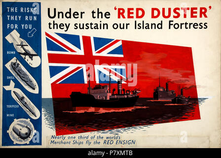 Seconda Guerra Mondiale poster evidenziando i pericoli di guerra che la marina mercantile di fronte red ensign Foto Stock