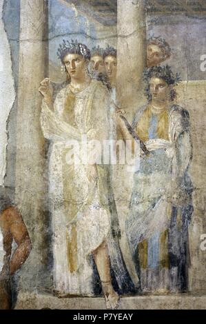 Affresco romano raffigurante Iphigenia in Tauris. Dettaglio. 1-50 annuncio. Tablinium. Casa di Lucio Caecilius Lucundus. Pompei, Italia. Museo Archeologico Nazionale. Napoli. L'Italia. Foto Stock