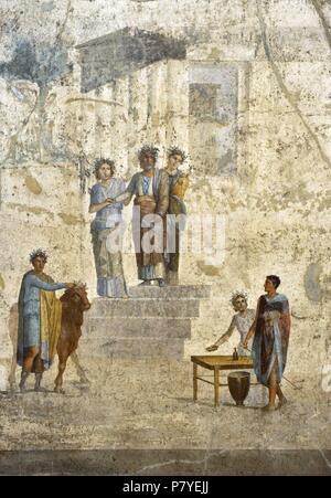 Affresco romano raffigurante l incontro tra Pelias e Jason. Pelias, re di Iolcos, stando in piedi sui gradini di un tempio riconosce Jason dal suo sandalo mancante. Casa di Giasone (20-25 AD). Pompei. Museo Archeologico Nazionale. Napoli. L'Italia. Foto Stock