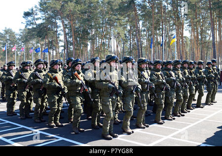 Soldati di ucraini di forze speciali della guardia nazionale in piedi in linea sulla parata a terra. Marzo 23, 2018. Staroe, Ucraina Foto Stock