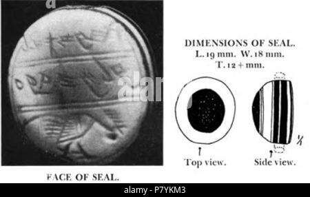 Inglese: fotografia di faccia della guarnizione di Jaazanaiah e disegno che mostra la sua costruzione dal bianco e nero onice. Il round top suggerisce un occhio con un grande nero pupilla. 1933 (foto); originale circa del VI secolo A.C. 220 Jazseal Foto Stock