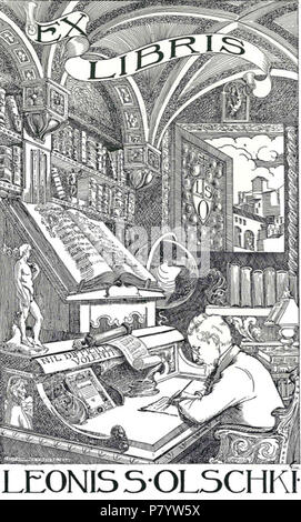 Inglese: Leo Olschki (editore italiano) ex libris Italiano: Ex libris dell'editore english Leo Olschki, raffigurante fra gli altri Dante Alighieri, Perseo, il David, uno scorcio del Ponte Vecchio di Firenze, la sigla, il motto e 'La bibliofilia' . 1902 243 Leo Olschki editore ex libris Foto Stock