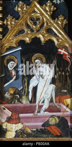 Retablo del Salvador, primer quarto de s. XV. La resurreción de Cristo. Pintura al temple sobre tabla. Proviene de la Iglesia de Sant Salvador d'Albatàrrec. Il Museu Diocesà de Lleida. Foto Stock