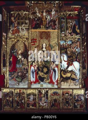 Retablo di Nostra Signora dei sindaci, 1451-1454. Tempera, riempito con stucco e dorata con foglia oro su legno. La Paeria Cappella, Lleida. Foto Stock