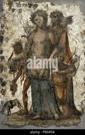 Pittura romana. Dioniso, dio del vino, coadiuvato da un Maenad e giovane Satiro. Ai suoi piedi, la pantera. Affresco. Museo Archeologico Nazionale. Napoli. L'Italia. Foto Stock