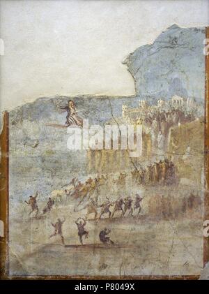 Il trasporto del cavallo di legno per la città di Troia. Affresco da casa IX, Pompei. L'Italia. Museo Archeologico Nazionale. Napoli. L'Italia. Foto Stock